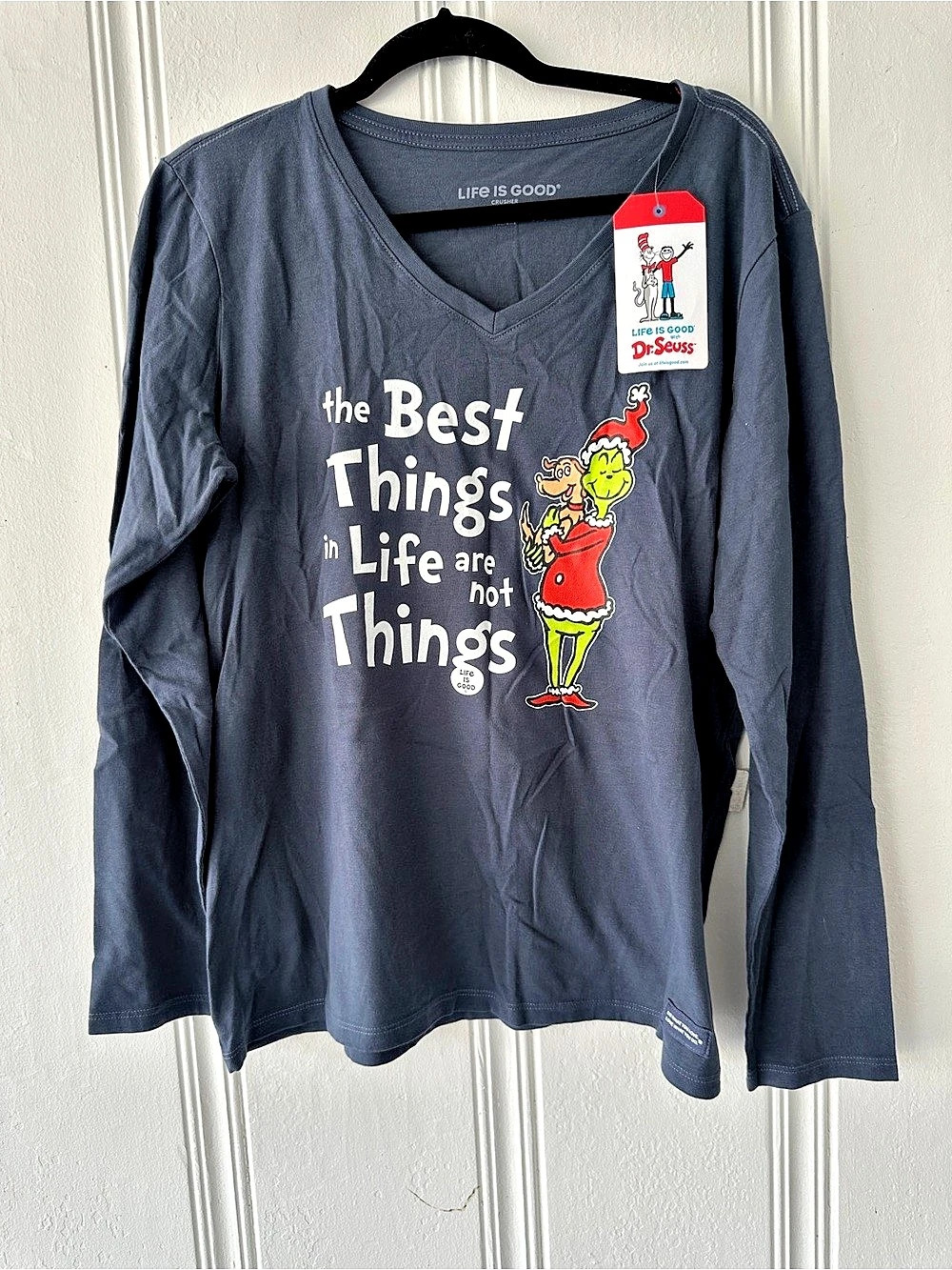 Life is Good Women's The Best Things Grinch Long Sleeve Crusher Tee Gray Large